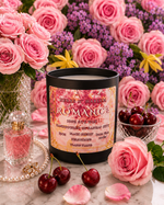 Load image into Gallery viewer, A black jar scented candle labeled 'Romance' by Herbs N Harlem is styled on a marble surface with pink roses, cherries, a perfume bottle, and a pearl necklace. The candle label features pink floral artwork and lists notes of black cherry, heliotrope , and ylang ylang
