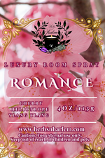 Load image into Gallery viewer, Advertisement for 'Romance' luxury room spray with cherry, heliotrope, and ylang ylang scents on a pink floral background.
